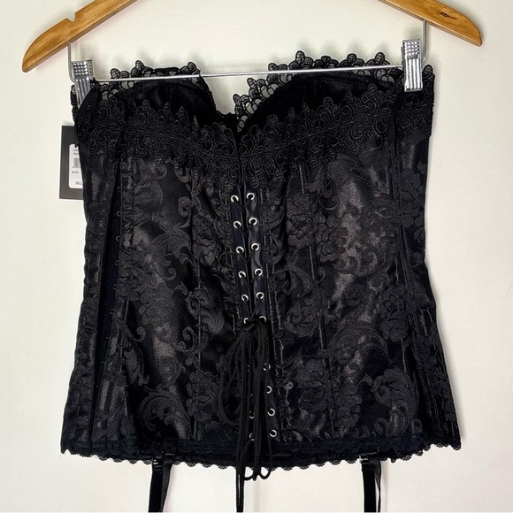 Fredericks of Hollywood Black Corset Lace Hem Lace-Up Bone Structure Size 38 New - Picture 7 of 16